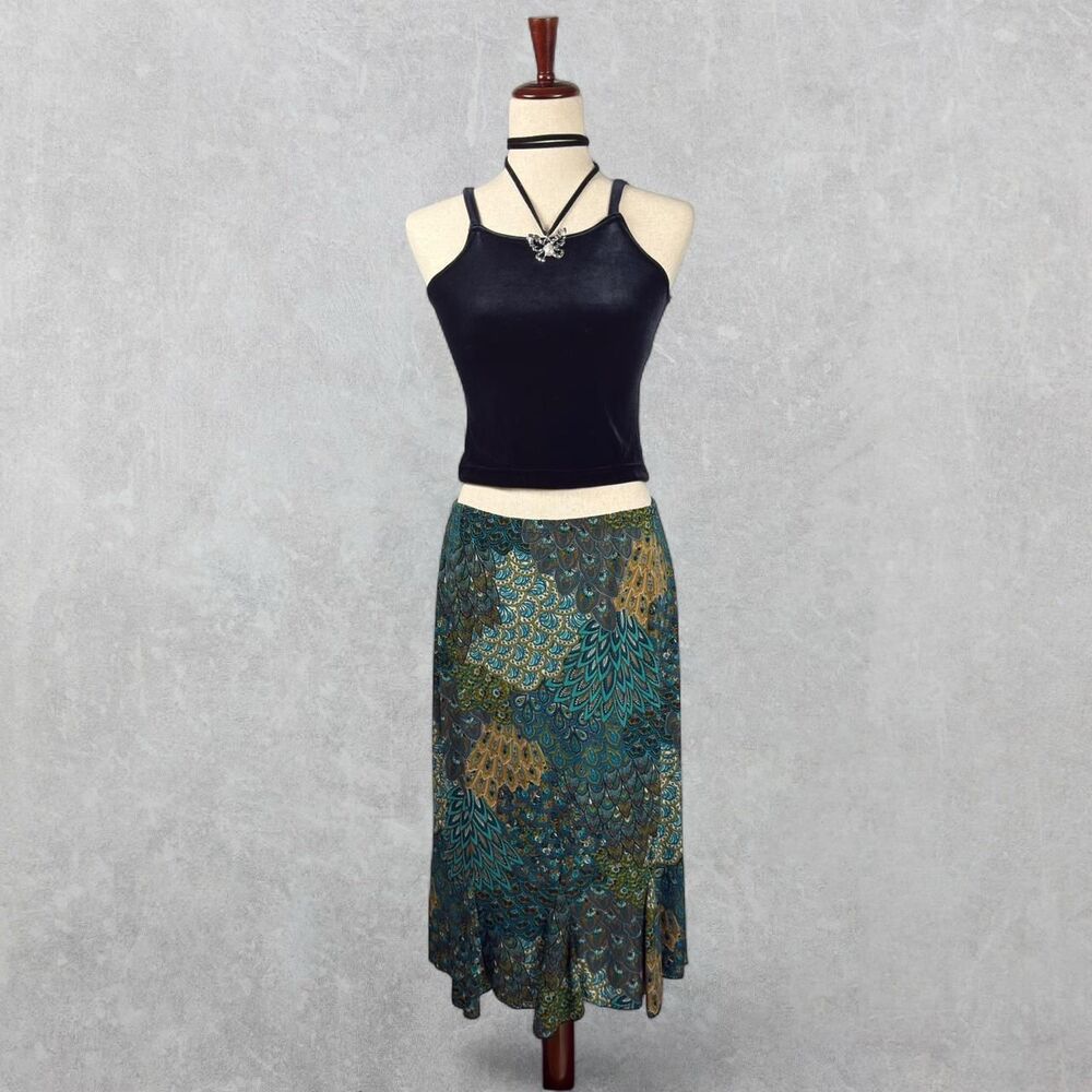 Vintage 90s Perseption Petite Teal Bohemian Peacock Print Midi Skirt